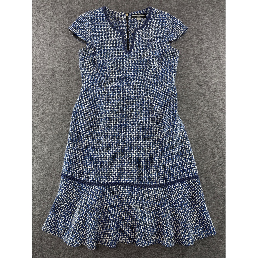 Karl Lagerfeld Paris Blue Tweed Boucle Flounce Hem Sheath Dress Size 10